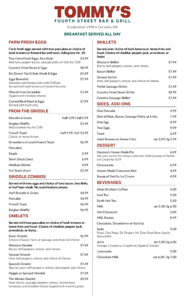 Tommy's breakfast menu — farm fresh eggs, griddle, omelets, skillets, sides, dessert and beverages